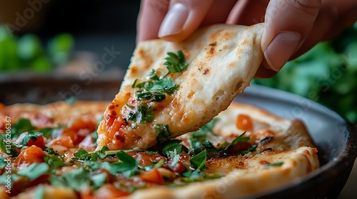 A close up hand dipping a piece of pitta brad hummus