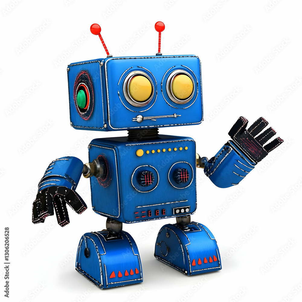 Fototapeta premium Cartoon 3D Illustration Of A Blue Robot Waving Hand On White