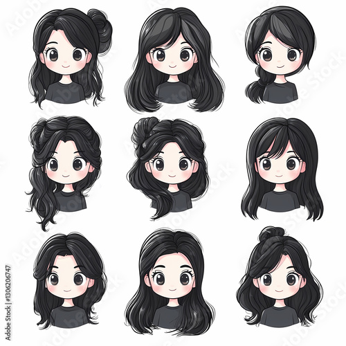 Illustrated variations of a cartoon girl's hairstyles. Each cute character features dark hair styled in different updos and loose styles.