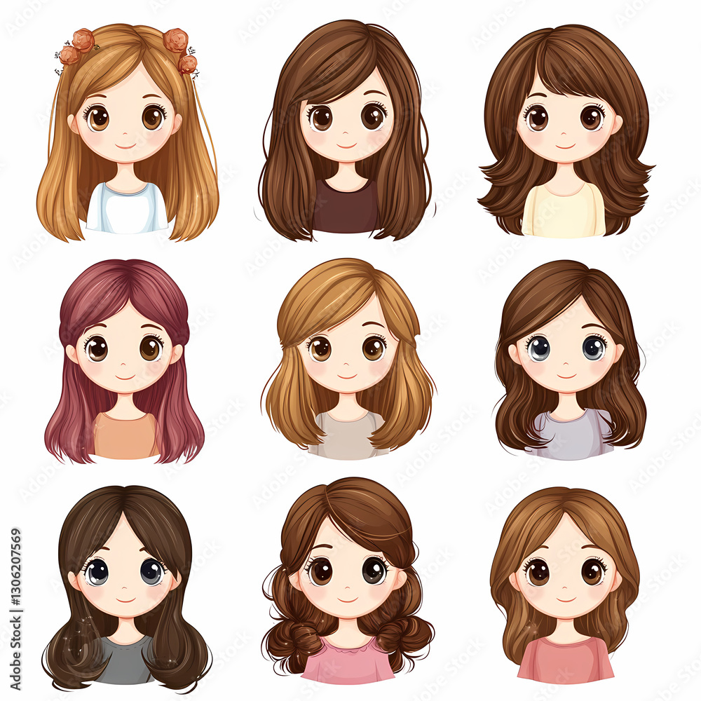 Collection of charming cartoon girl avatars, each with unique hairstyles, colors, and expressions, set against a clean white background. Collection of charming cartoon girl avatars, each with unique hairstyles, colors, and expressions, set against a clean white background.
