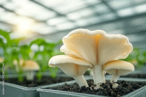 A mushroom farm with neat rows of cultivated mushrooms, growing in a controlled environment photo