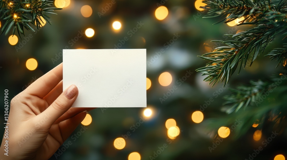 Person holding a white card in front of a decorated christmas tree with lights and ornaments