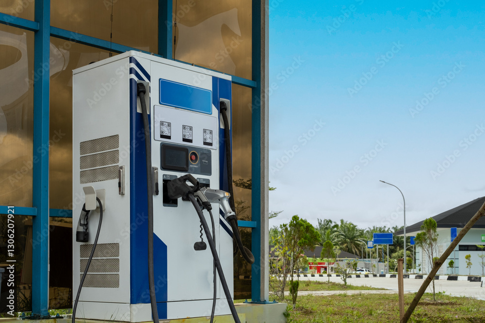 An electric vehicle charging station with multiple charging cables, located outdoors in a modern urban area, promoting sustainable energy and eco-friendly transportation. An electric vehicle charging station with multiple charging cables, located outdoors in a modern urban area, promoting sustainable energy and eco-friendly transportation.