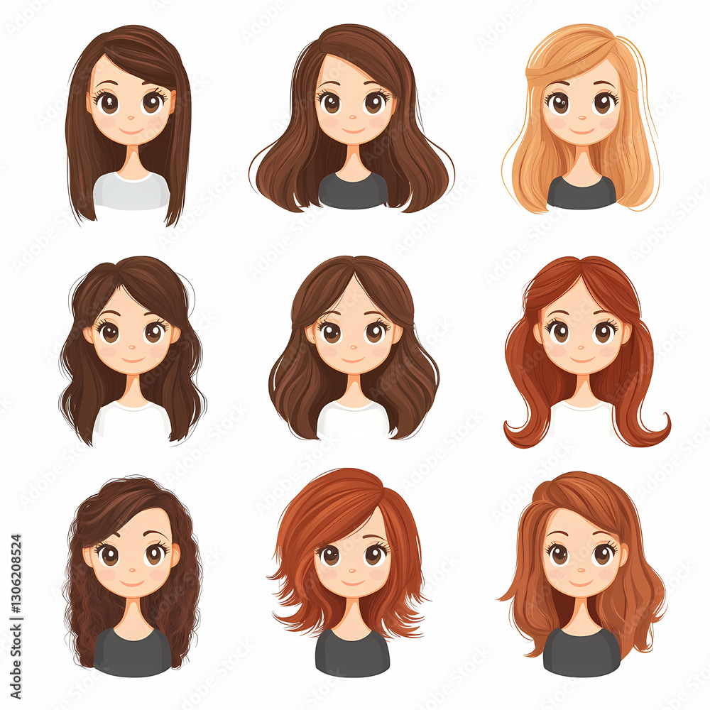 Cartoon Character Illustrations: A set of nine cartoon girls displaying various hairstyles and hair colors, against a clean white background. Cartoon Character Illustrations: A set of nine cartoon girls displaying various hairstyles and hair colors, against a clean white background.