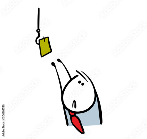 Naive businessman in a business suit reaches for a banknote on a hook. Vector illustration of a guy trapped. Stickman and bait. Isolated cartoon man on white background.