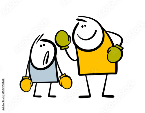 Small boxer met a huge opponent in the ring. Vector illustration of  scared stickman and competition. Isolated cartoon man on white background.