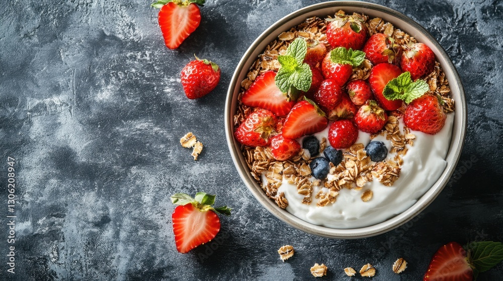 Bowl of yogurt topped with fresh strawberries and sliced strawberries on a wooden table Bowl of yogurt topped with fresh strawberries and sliced strawberries on a wooden table