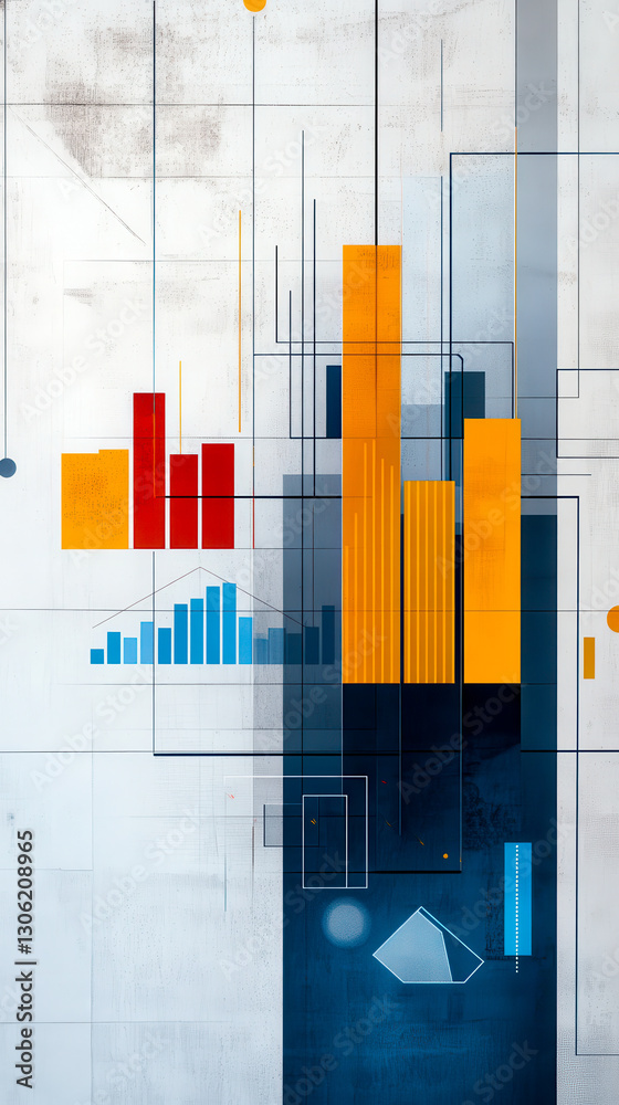 Fototapeta premium Abstract geometric design featuring colorful bar graphs and lines, symbolizing data visualization and analysis.
