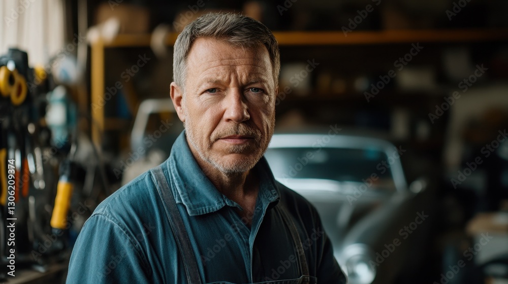 A portrait of a middle-aged European man working as a mechanic in a vintage automotive workshop. His serious expression reflects skill and dedication in his craft.