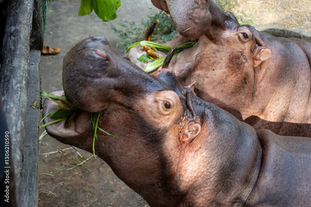close-up of two hippos with their mouths wide open, showing large teeth as they eagerly eat close-up of two hippos with their mouths wide open, showing large teeth as they eagerly eat