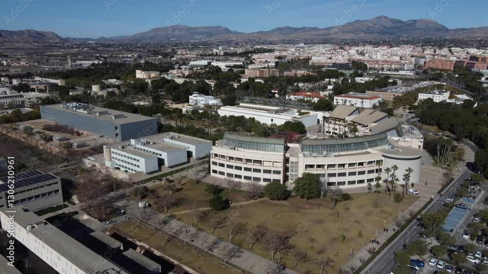 Static aerial view of one of the main classrooms buildings at the Alicante University, Spain Static aerial view of one of the main classrooms buildings at the Alicante University, Spain