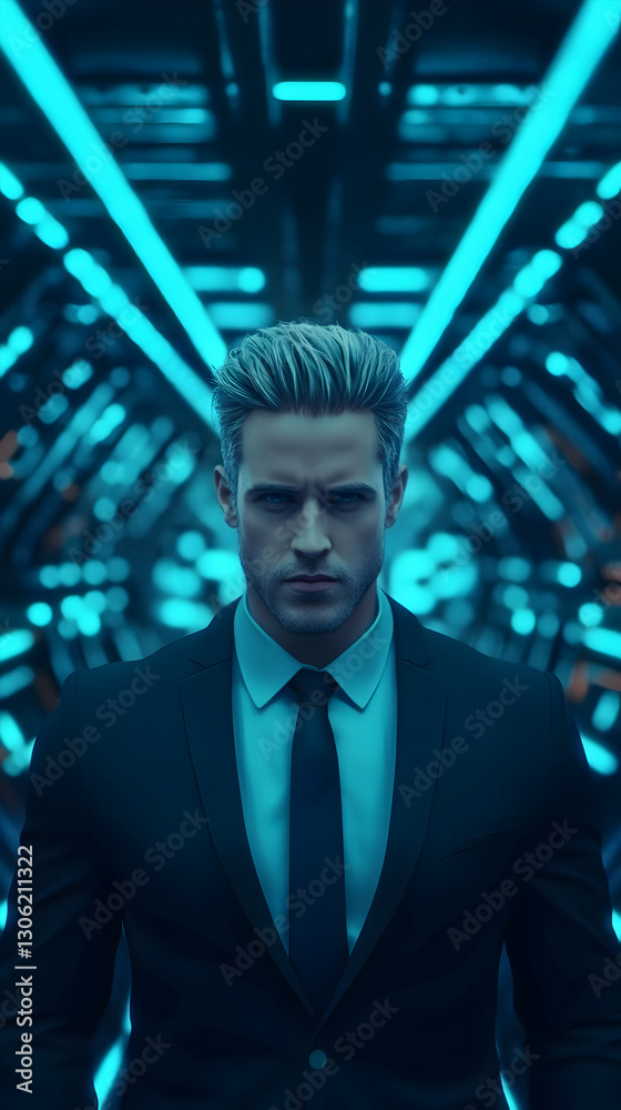 Futuristic 3D Illustration Of A Man In A Suit Inside A Glowing Blue Futuristic 3D Illustration Of A Man In A Suit Inside A Glowing Blue