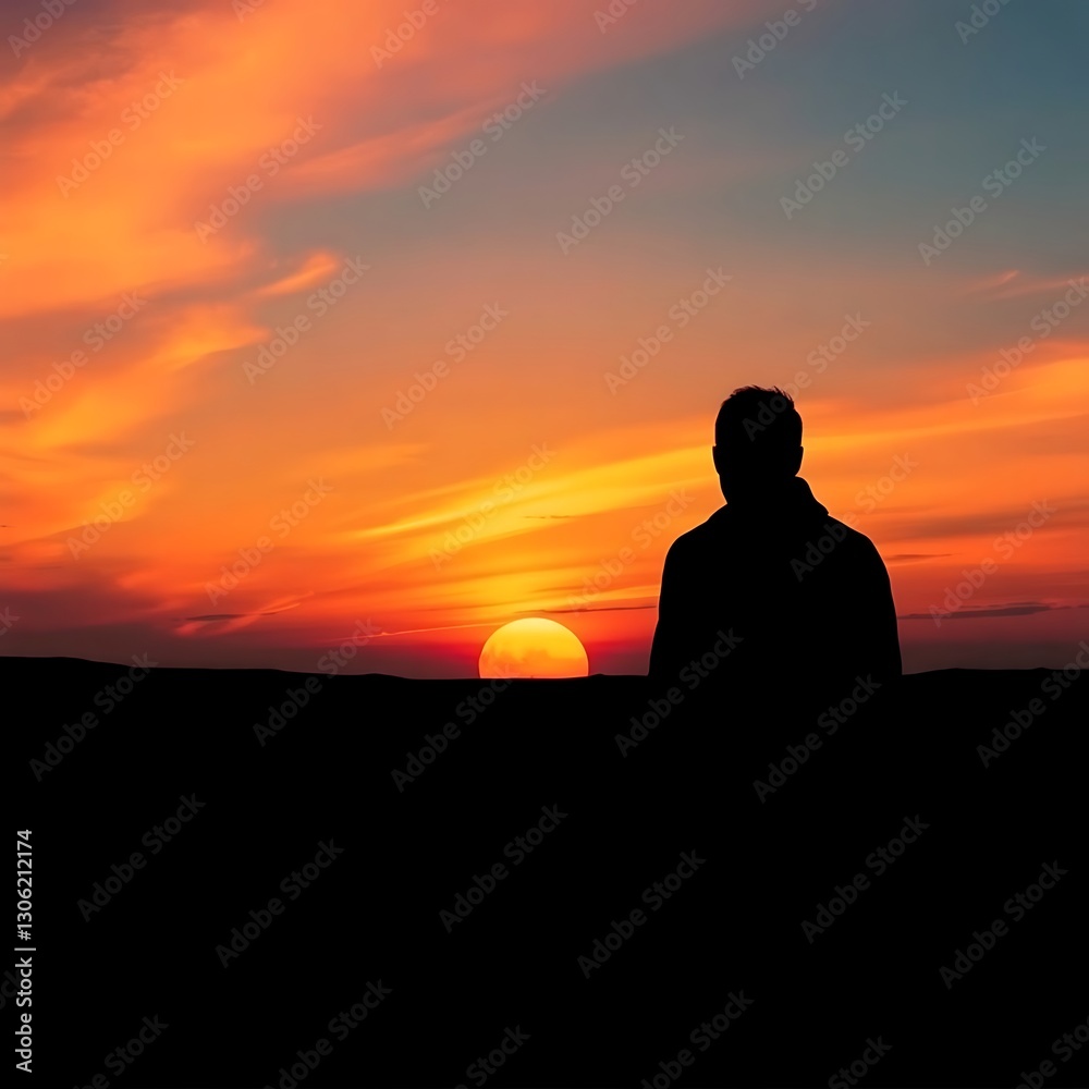 Minimalist Lone Figure Silhouette Against Vibrant Sunset - High-Key Lighting and Dramatic Contrast Minimalist Lone Figure Silhouette Against Vibrant Sunset - High-Key Lighting and Dramatic Contrast