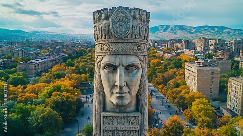 Monument Overlooks Cityscape in Armenia