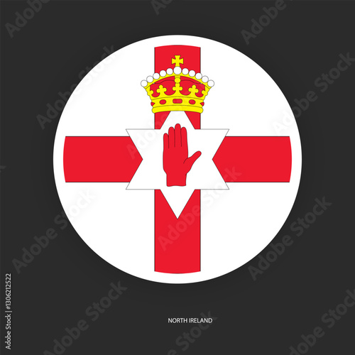 North Ireland circle flag icon with shadow on dark background. North Ireland button icon with white border isolated dark grey background