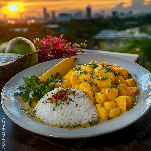 Exotic mango sticky rice dish with tropical fruit and city skyline view photo
