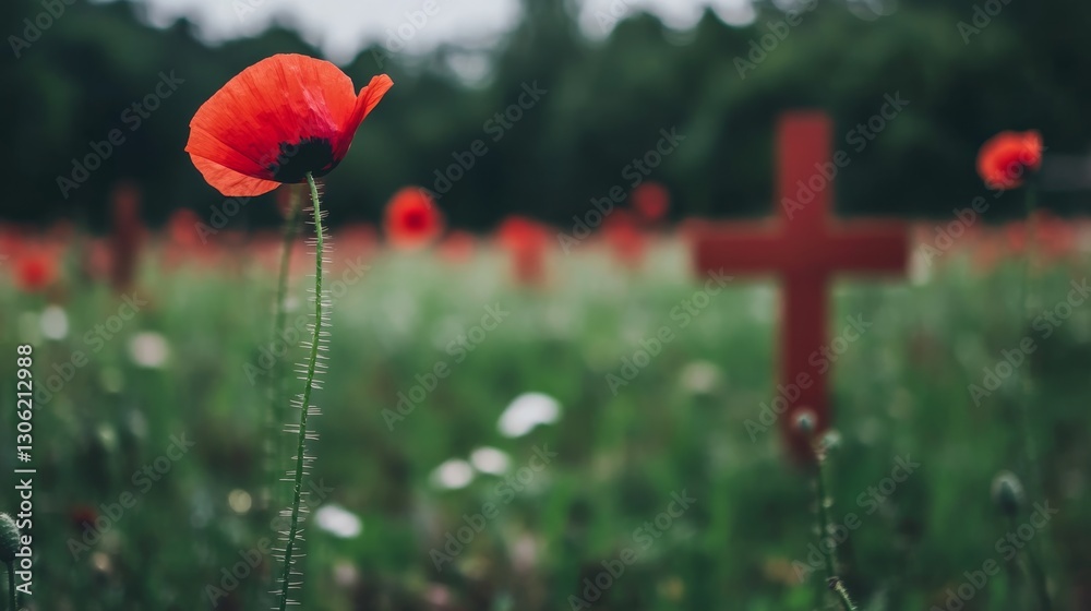 Fototapeta premium A vibrant red poppy rises gracefully in a field filled with soft-focus green stems and other colorful blooms, creating a tranquil summer ambiance