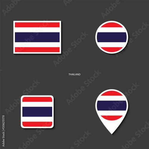 Thailand flag icon set in different shape (rectangle, circle, square and marker icon) on dark grey background. Thailand sticker icon collection on barely dark background
