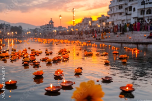A serene Ganga Aarti scene during Diwali, with floating diyas on the river and a large gathering of devotees praying by the ghats