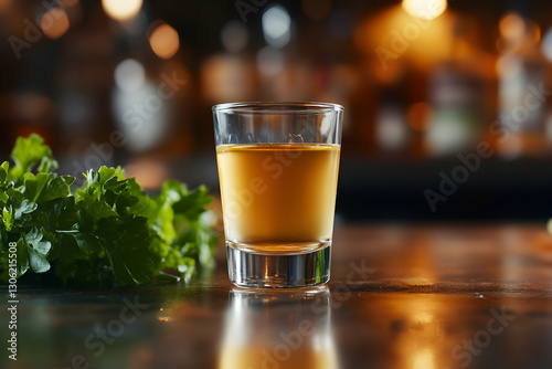 Golden liquor shot with herbs on the side evoking a classic drink presentation photo