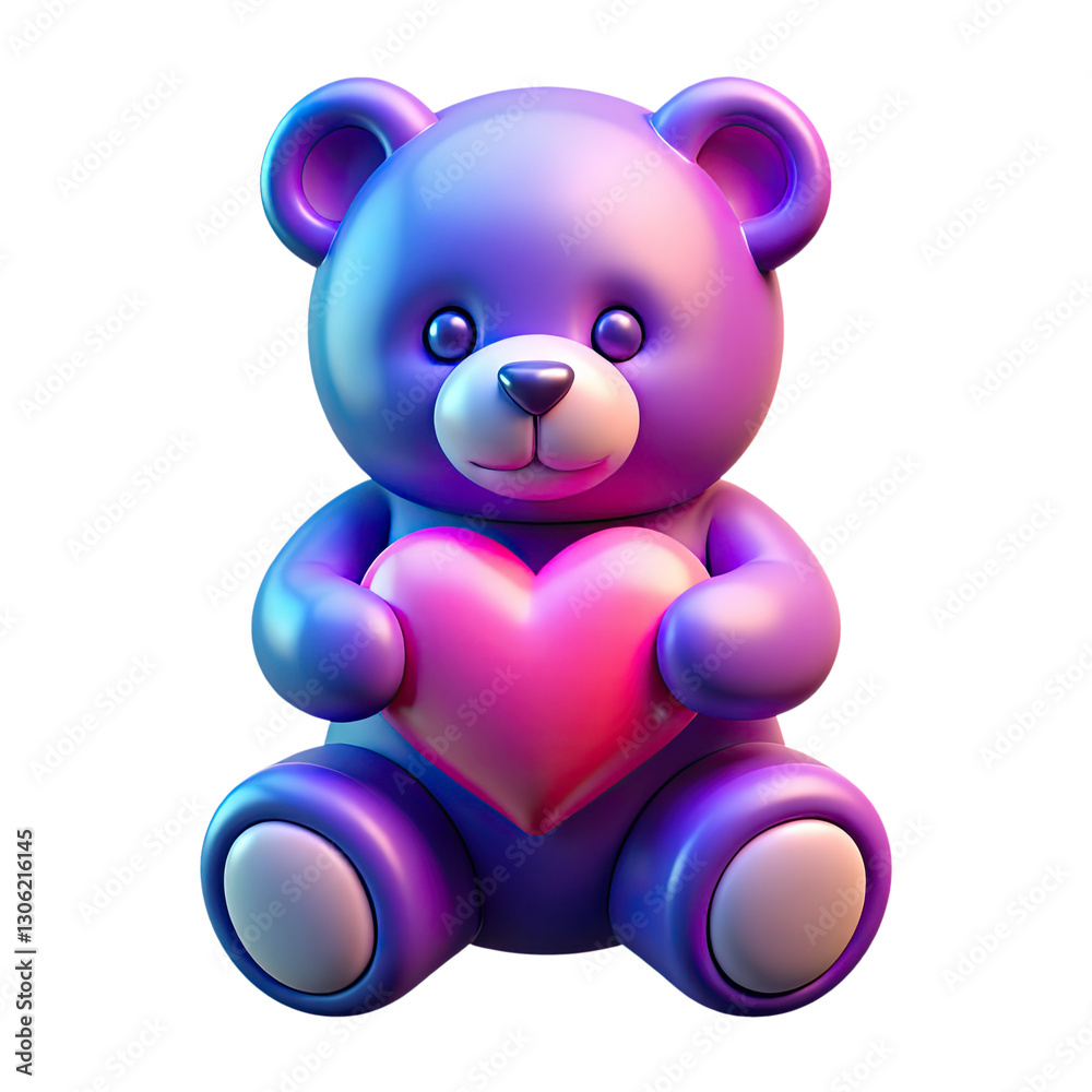 Obraz premium Teddy bear holding a pink heart, glossy and colorful 3D style. Cute teddy bear 3D icon