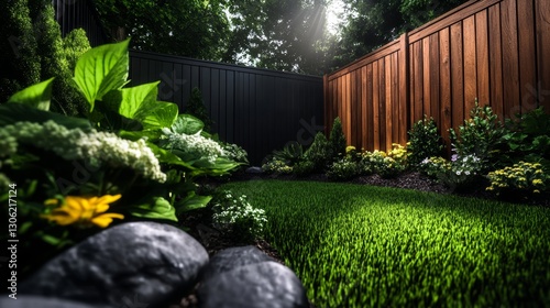 Lush backyard garden with wooden fencing and vibrant greenery under sunlight photo