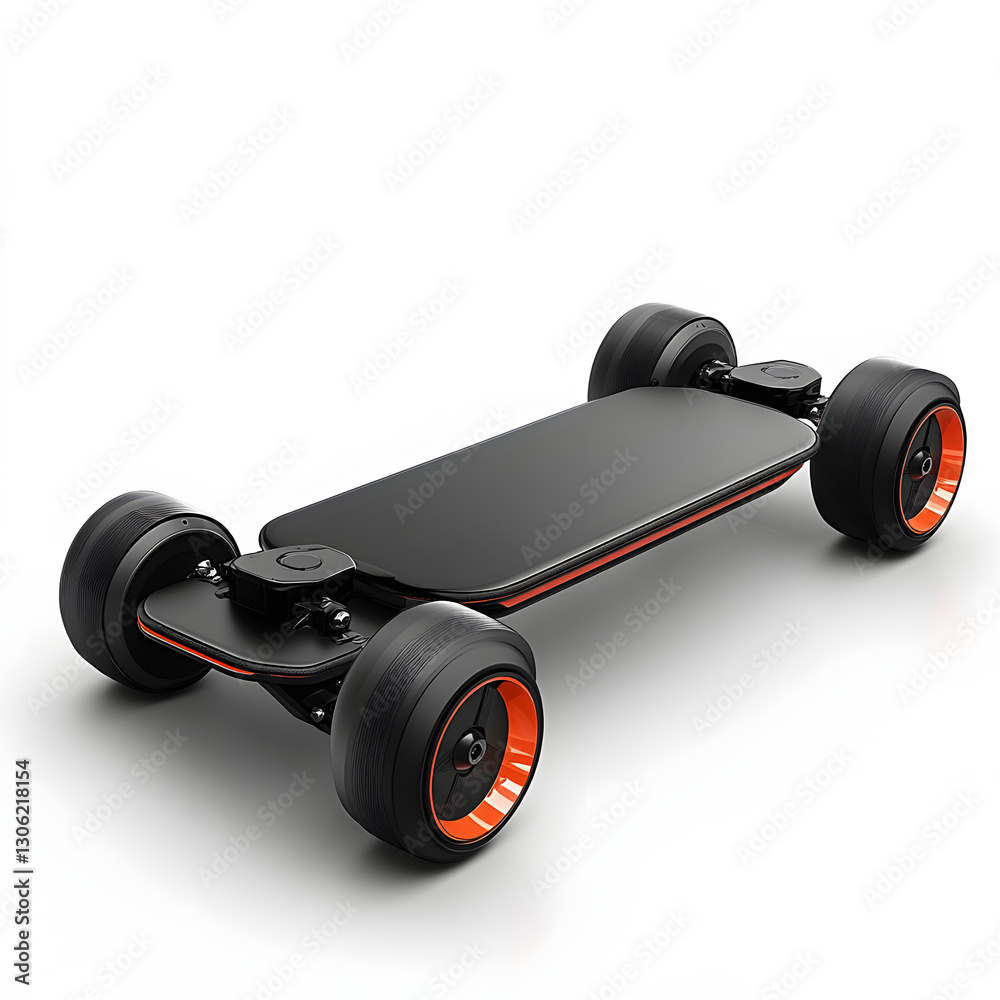 A sleek, black electric skateboard with orange accents, showcasing modern technology and powerful performance. Perfect for urban commuting or recreation. 3d Transportation isolated in white background A sleek, black electric skateboard with orange accents, showcasing modern technology and powerful performance. Perfect for urban commuting or recreation. 3d Transportation isolated in white background