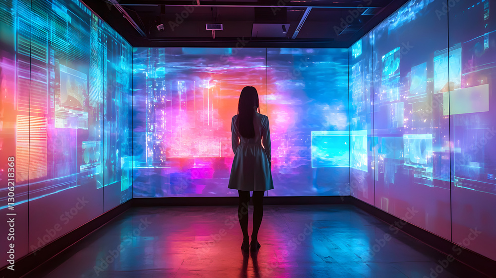Exploring interactive holographic rooms futuristic space photostock immersive environment artistic viewpoint digital concept Exploring interactive holographic rooms futuristic space photostock immersive environment artistic viewpoint digital concept