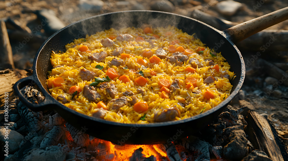 Authentic Uzbek Plov in a Cast-Iron Pot over Open Fire Cooking Tradition Authentic Uzbek Plov in a Cast-Iron Pot over Open Fire Cooking Tradition
