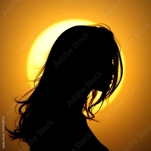 Elegant Silhouette of Woman with Flowing Hair Against Moonlit Background