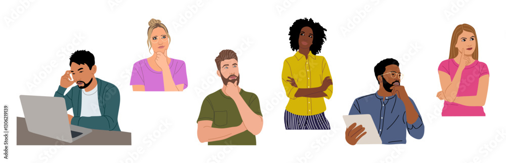 Thinking people collection. Set of Confused men and women in doubts. Puzzled pensive people with serious thoughtful expression. Cartoon vector characters illustrations isolated