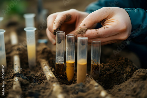Hands meticulously examining soil samples in test tubes for analysis photo