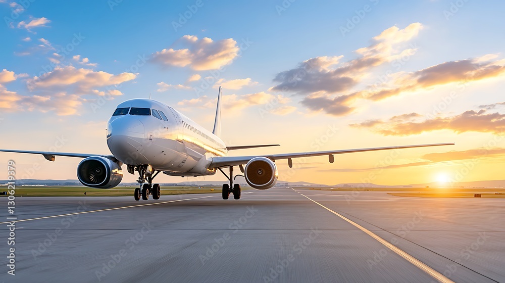 Airplane Landing on Runway at Sunset with Lights Illuminating the Path Ahead Airplane Landing on Runway at Sunset with Lights Illuminating the Path Ahead