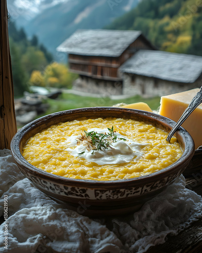 Hearty montenegrin kacamak served with cream in a rustic setting