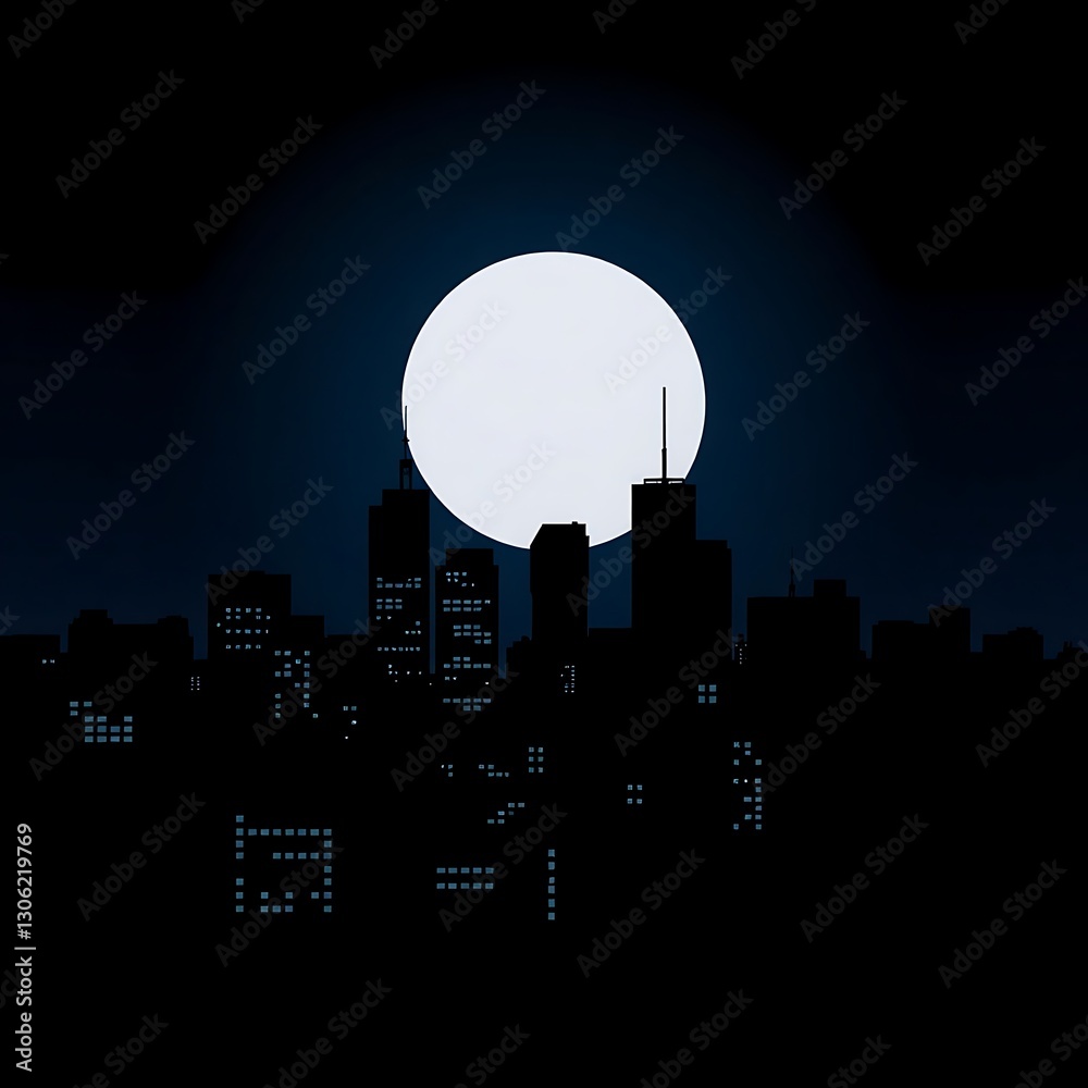 Bold Cityscape Silhouette at Night with Glowing Sky and Geometric Urban Landscape