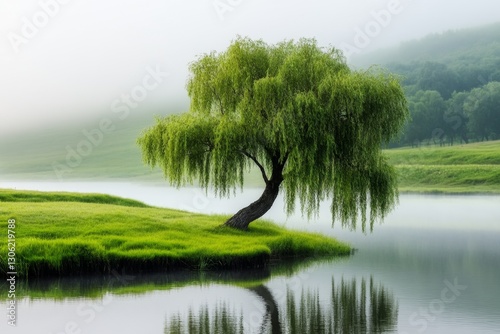A solitary willow in a rain-soaked meadow, its branches drooping low under the weight of the water
