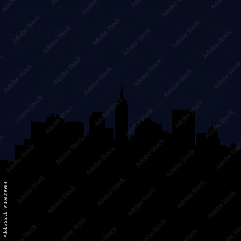 Geometric City Skyline Silhouette at Night - Bold Black and Indigo Urban Landscape