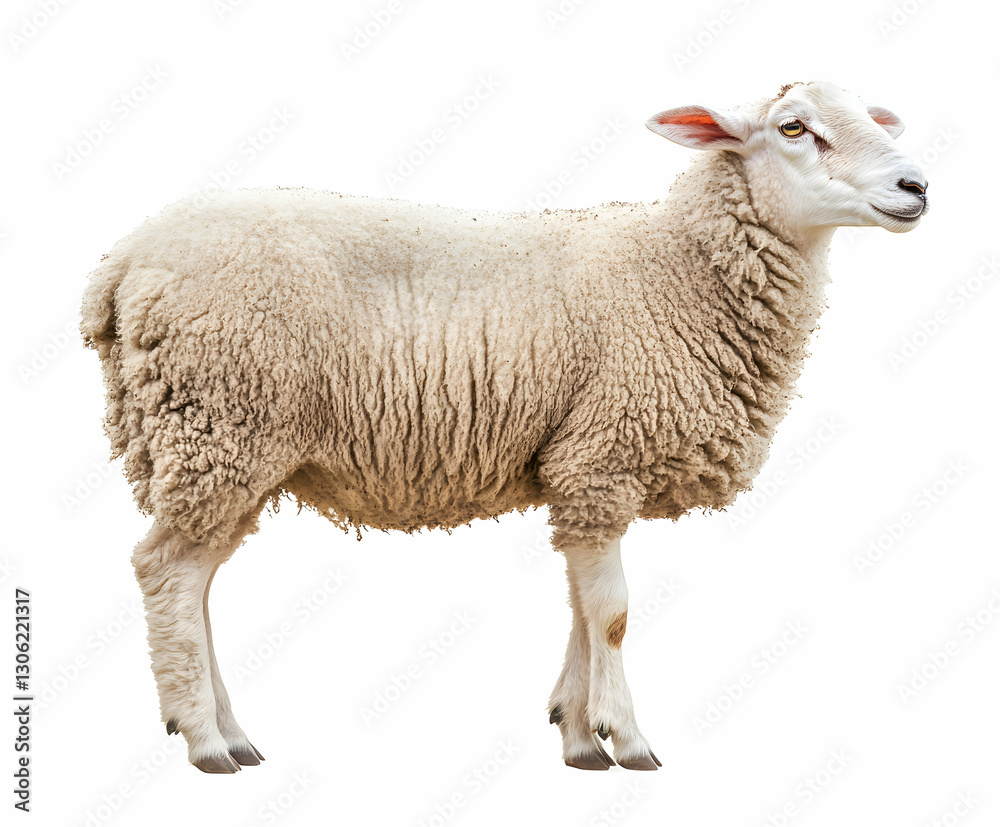 Isolated sheep standing, its woolly coat a symbol of pastoral life Isolated sheep standing, its woolly coat a symbol of pastoral life