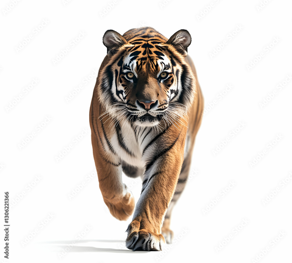 Obraz premium Isolated image of a tiger walking menacingly on a white backdrop