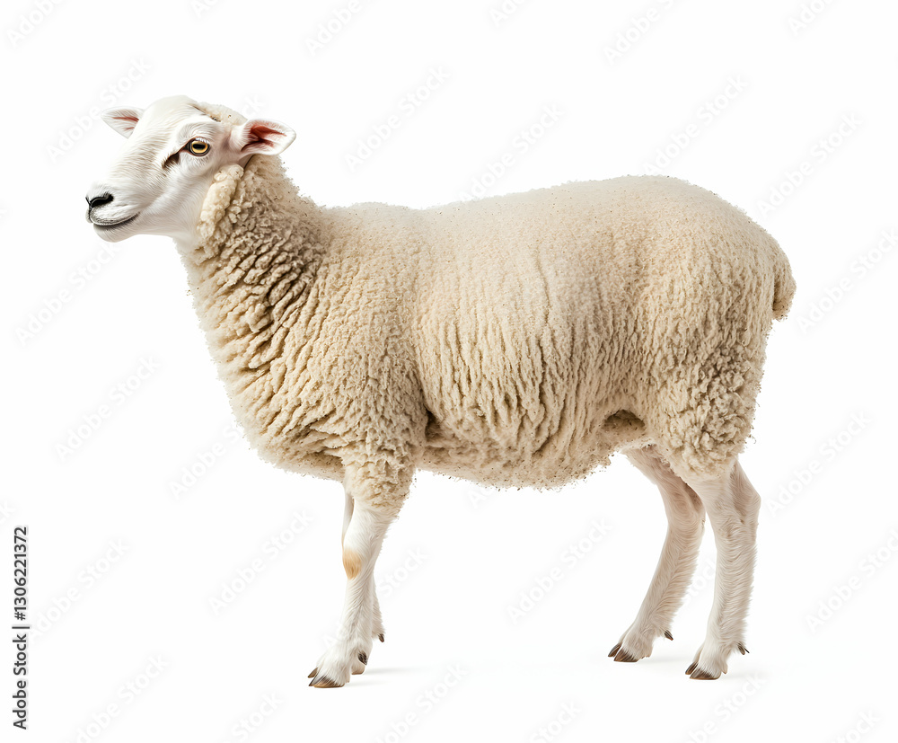 Fototapeta premium Isolated Portrait of a Sheep Standing on a White Background Looking Calmly
