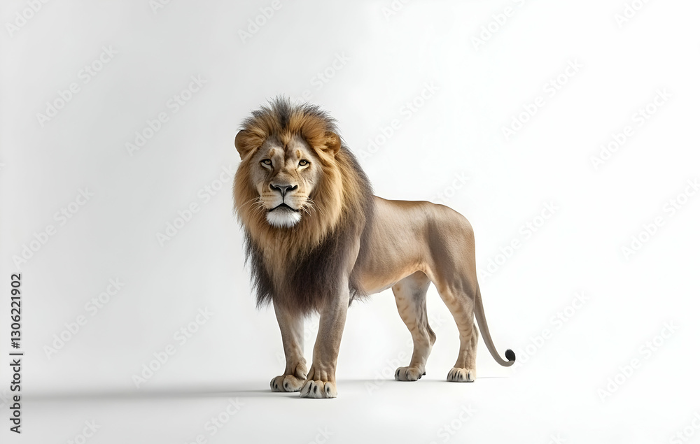 Fototapeta premium Magnificent lion standing elegantly against a pristine white backdrop