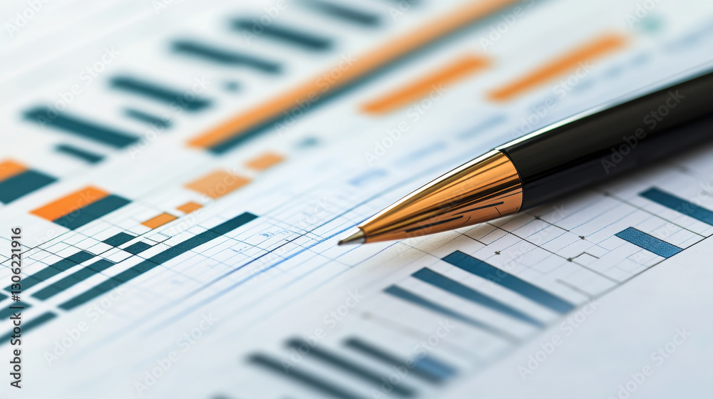 Close-up of a pen on financial charts and graphs, a business concept for medical or stock market growth with data points Close-up of a pen on financial charts and graphs, a business concept for medical or stock market growth with data points