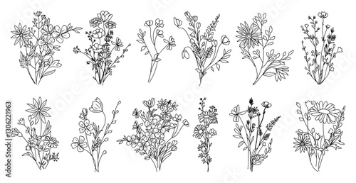Wildflower line art bouquets set. Hand drawn flowers, meadow herbs, wild plants, botanical elements for arrangements, invitation, greeting cards, wall art, logo, tattoo design. Vector illustration.