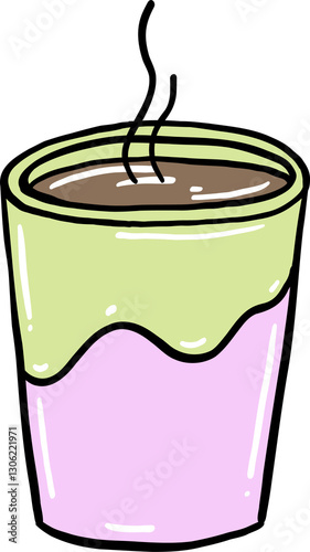 Playful hand-drawn illustration of a steaming coffee cup with a pastel-colored wavy design, featuring a fun and modern cartoon-style look