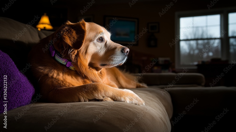 Obraz premium A golden retriever is lounging comfortably on a plush, modern sofa in a well-decorated living room, bathed in soft, natural light