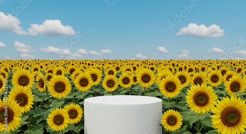 A 3D rendered, whimsical natural setting is created by two white podiums in a colorful flower field beneath a blue sky with clouds