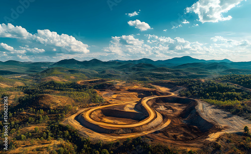 Majestic aerial view of a vast open-pit mine, showing a beautiful landscape