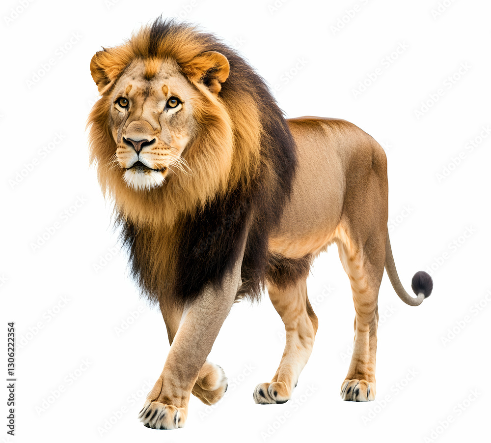 Majestic Male Lion Striding Confidently Forward, Isolated on White Background Majestic Male Lion Striding Confidently Forward, Isolated on White Background