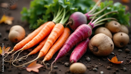 Autumn's harvest of crisp, uncooked carrots, beets, and potatoes on the garden soil. Gathering organically cultivated vegetables.