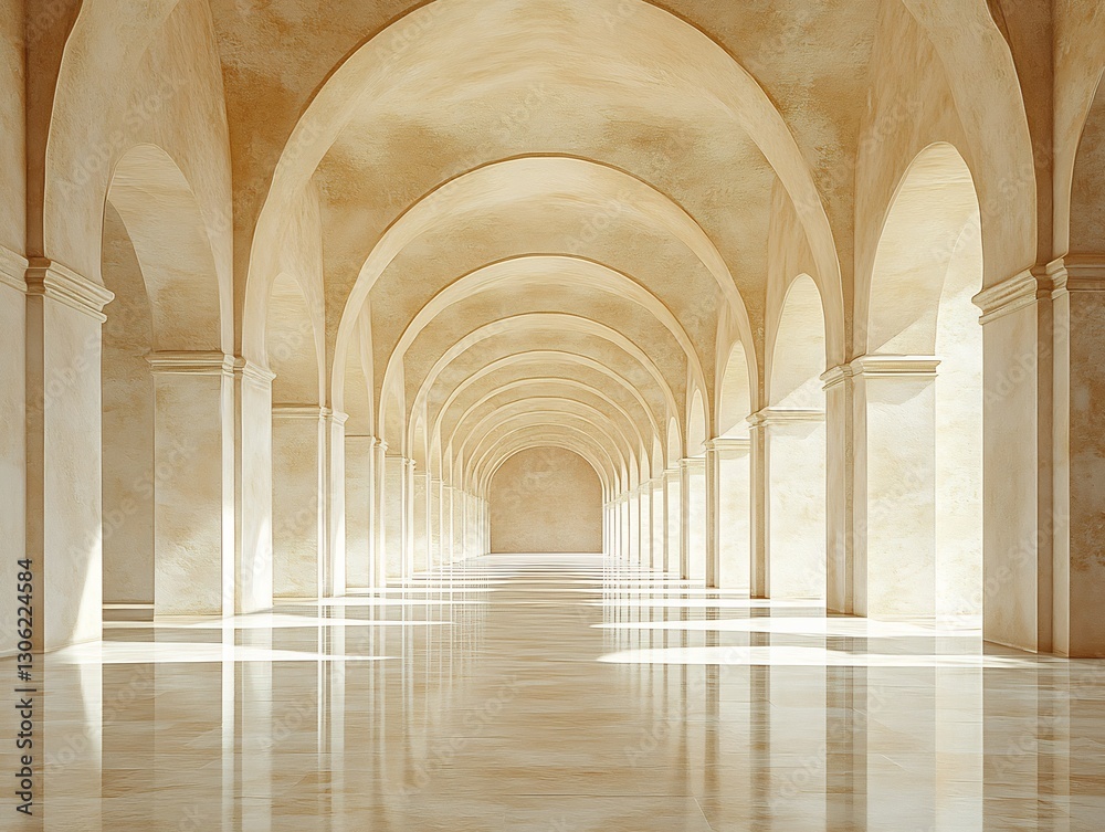 Fototapeta premium Serene sunlit arcade glows warmly marble floors reflect soft light. AI Generated